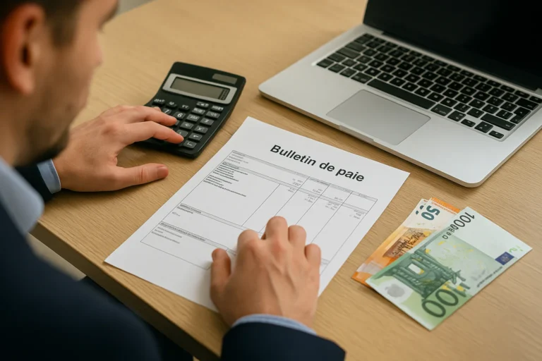 un salarié qui regarde une fiche de paie de 45 000 brut en net