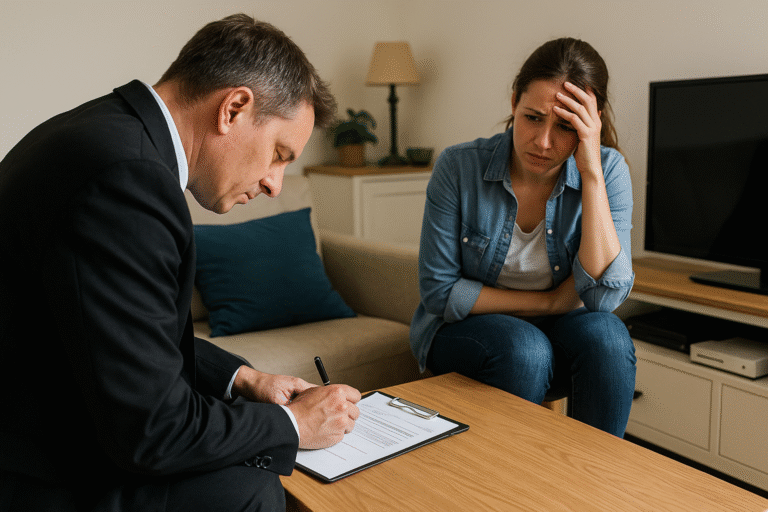 Huissier discutant avec une personne non solvable lors d'une tentative de saisie à domicile en France