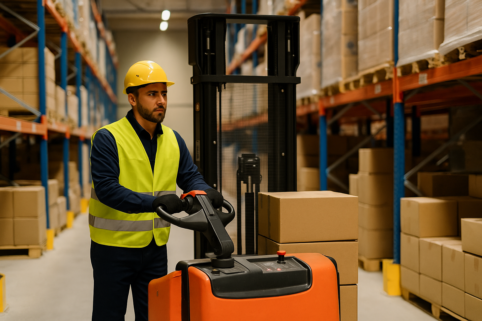 un cariste CACES 1 qui déplace des palettes