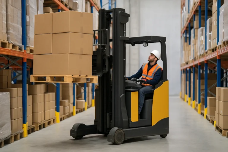Cariste en entrepôt conduisant un chariot élévateur à mât rétractable CACES 5