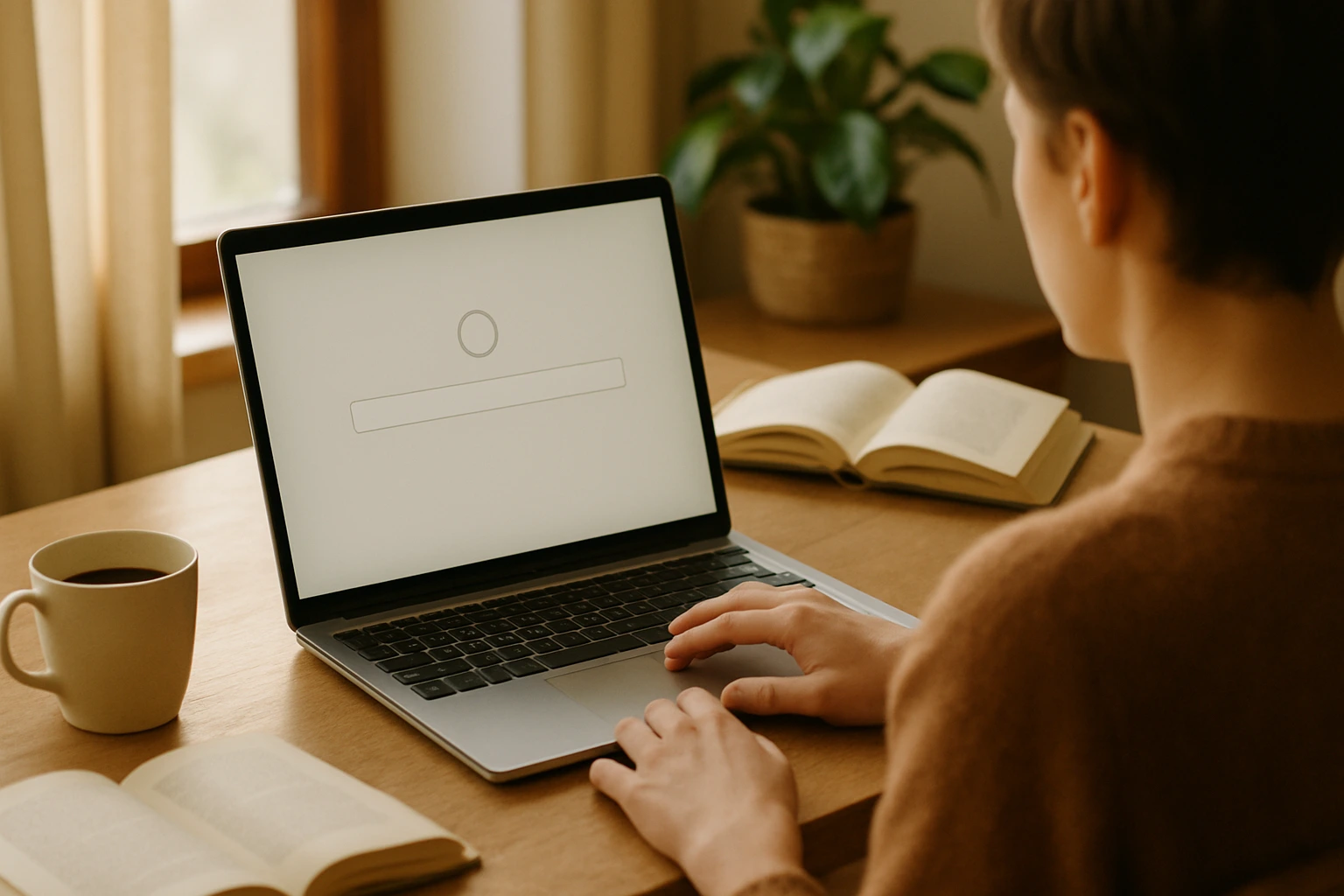 Personne assise devant un ordinateur portable dans un intérieur chaleureux, entourée de livres, d'une tasse de café et d'une plante verte