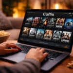 Coflix sur ordinateur portable avec interface de streaming dans un salon