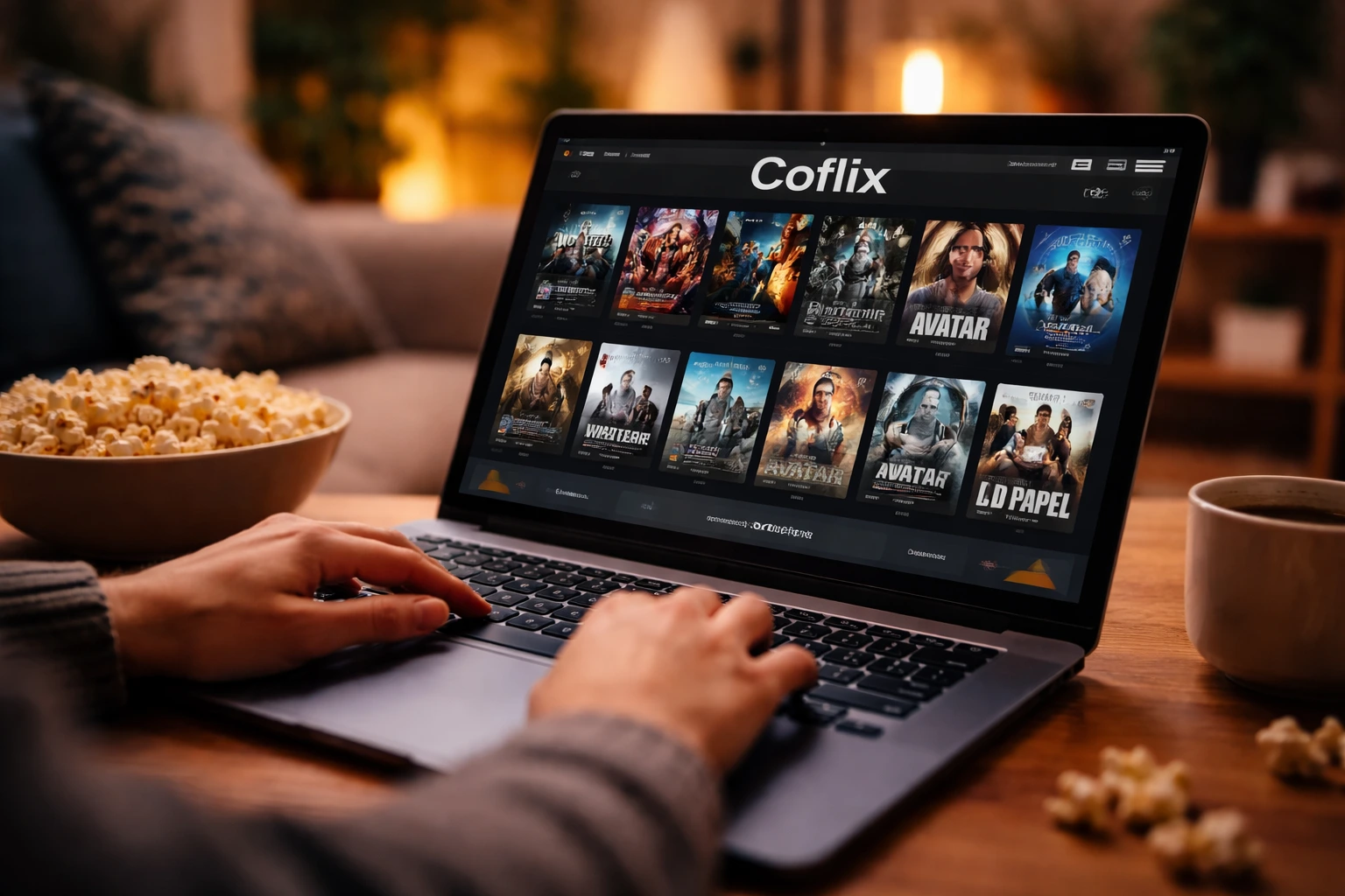 Coflix sur ordinateur portable avec interface de streaming dans un salon