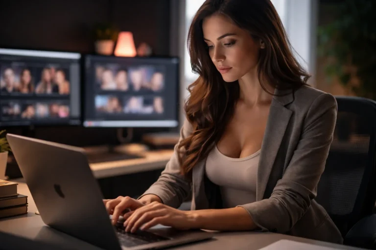 Femme entrepreneure travaillant sur ordinateur portable dans un bureau, analyse de données et activité digitale