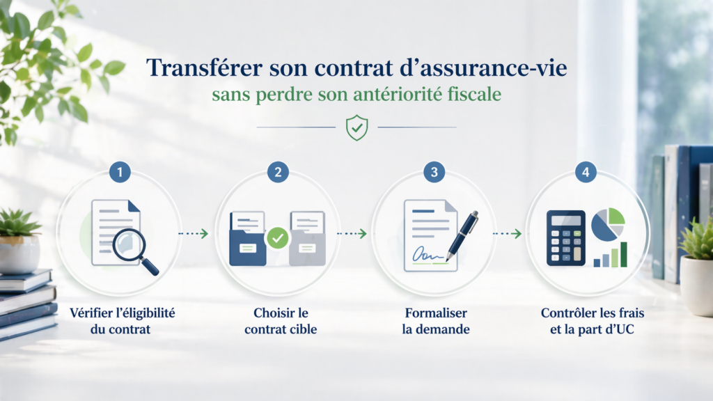 Checklist illustrée des étapes à suivre pour transférer un contrat d’assurance vie sans perdre son ancienneté fiscale.