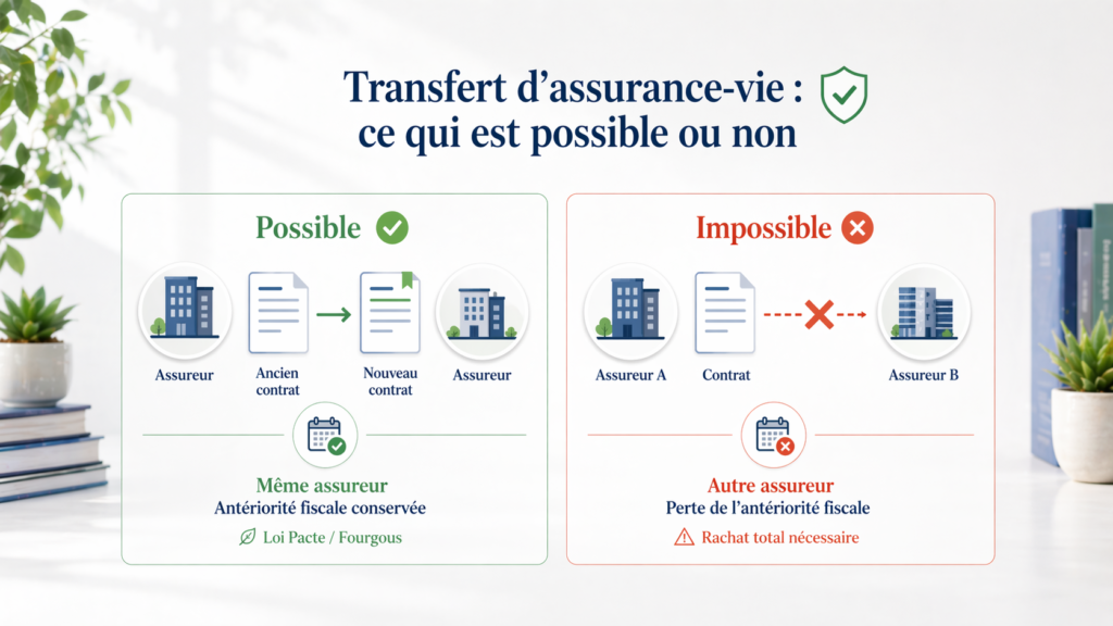 Infographie montrant qu’un transfert d’assurance vie est possible chez le même assureur, mais pas vers un assureur concurrent sans perdre l’antériorité fiscale.