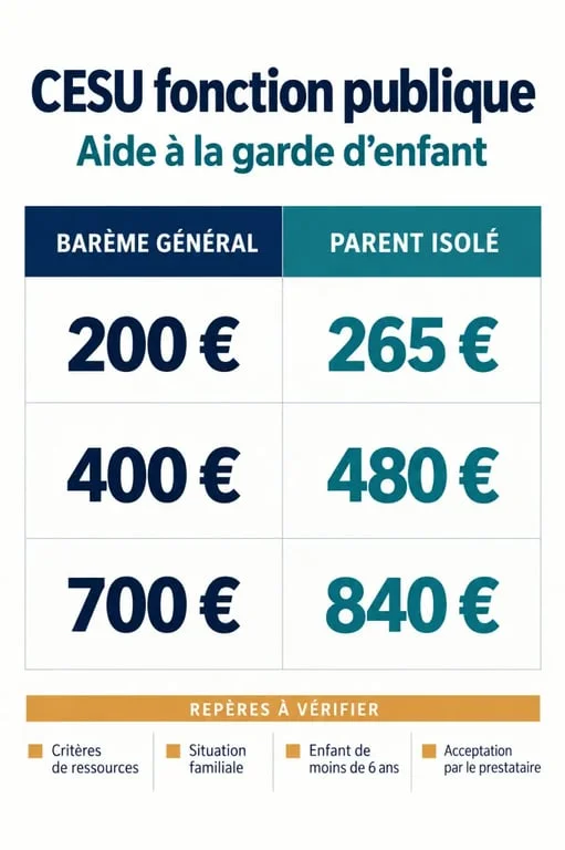 CESU fonction publique : infographie des montants annuels et conditions de garde d’enfant