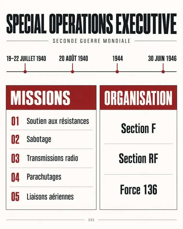 Infographie sur le special executive officer et le Special Operations Executive, ses dates clés et ses sections