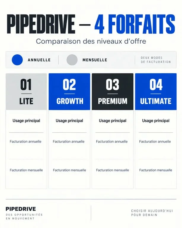 Infographie des forfaits Pipedrive et de leurs usages commerciaux