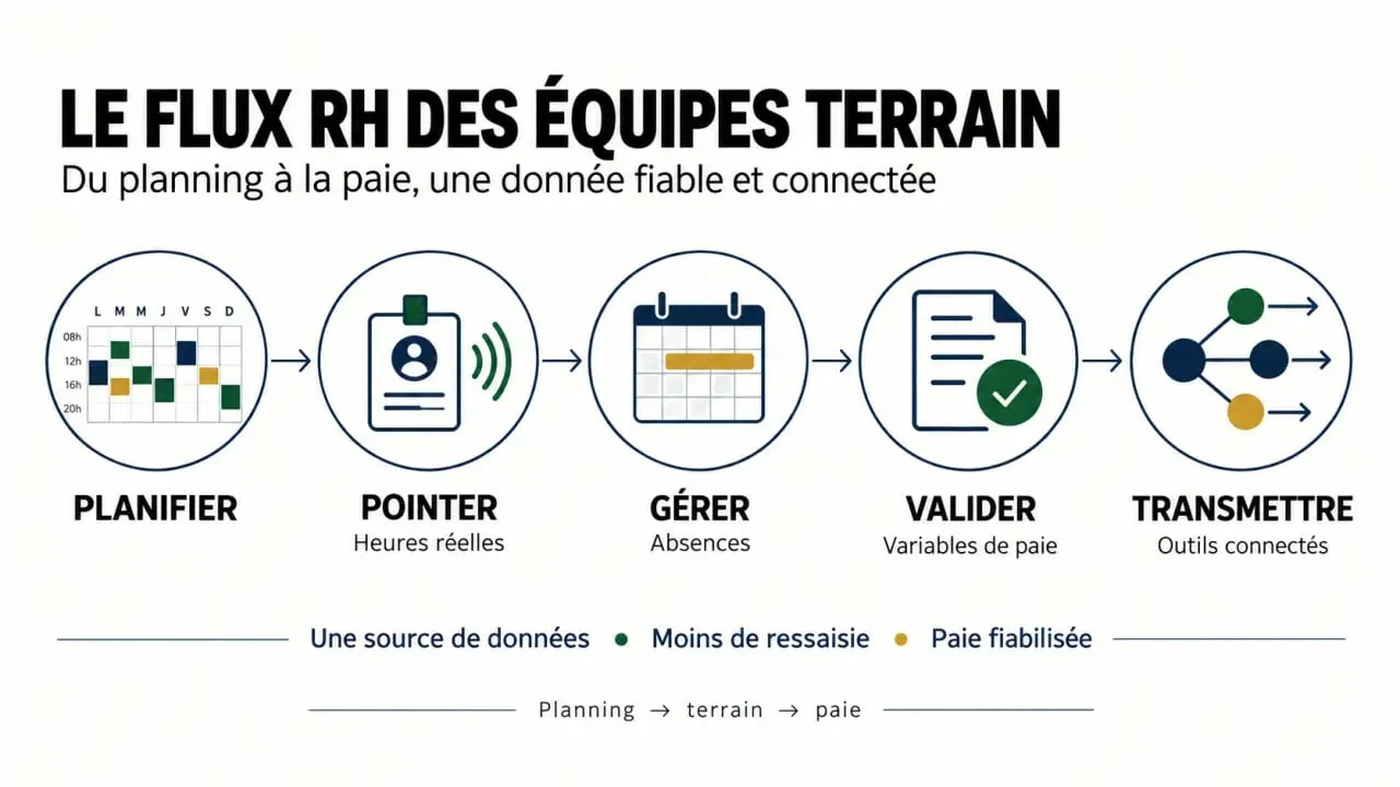 Infographie Skello du parcours entre planning, suivi des temps, absences et préparation de la paie
