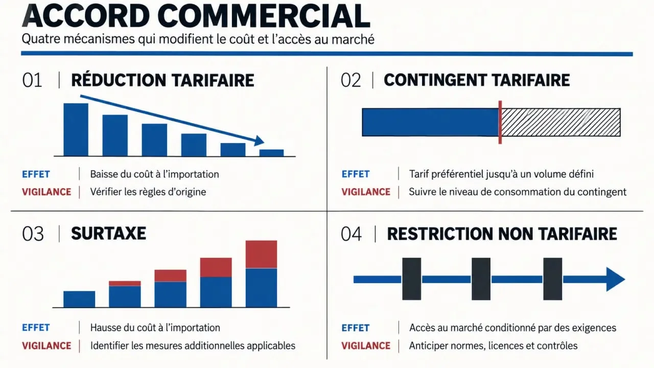 Accord commercial : comparaison des droits de douane, quotas, surtaxes et restrictions non tarifaires