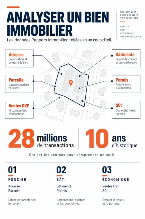 Infographie Pappers Immobilier reliant parcelles, ventes DVF, bâtiments et sociétés propriétaires