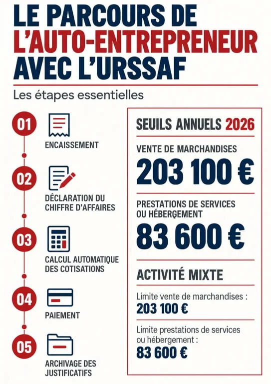 Infographie urssaf autoentrepreneur sur la déclaration, le paiement des cotisations et les seuils 2026