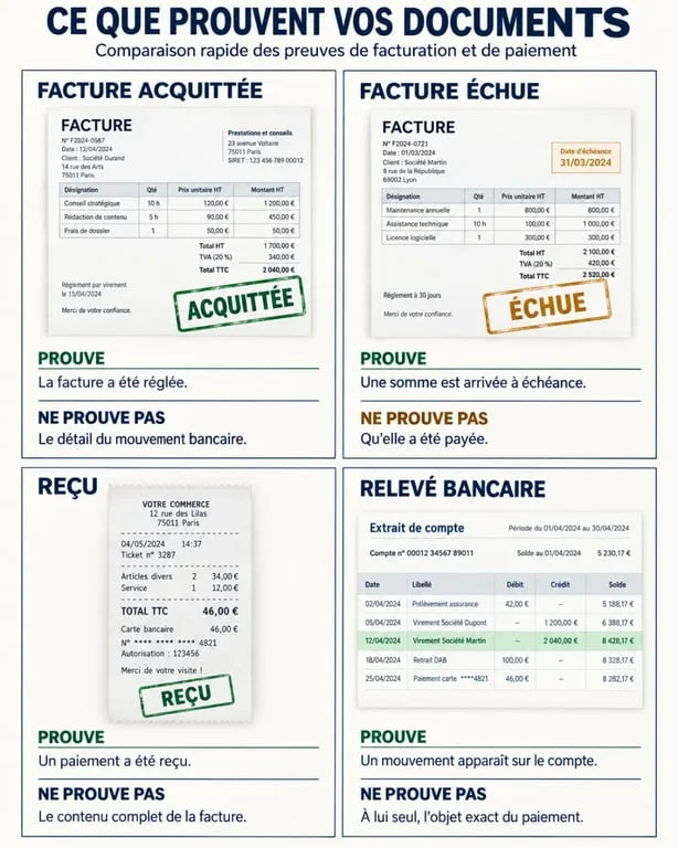 Infographie sur la facture acquittée et les différences avec une facture échue, un reçu et un relevé bancaire